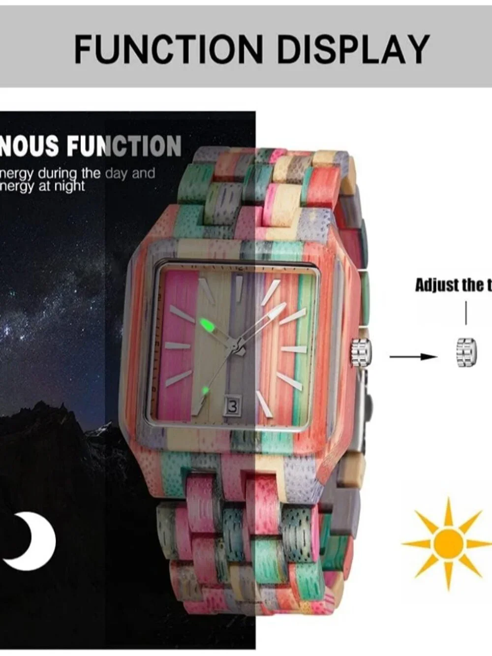 Men's Watch Colorful Multi Wooden Square Handmade Analog Dial Quartz Wristwatch